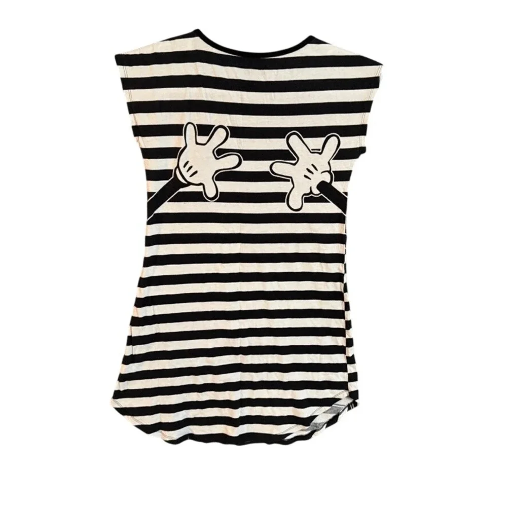 Disney Mickey Mouse Striped Sleep Shirt Nightgown Black White Small 3/5 Cotton - Picture 2 of 7